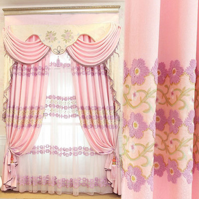 欧式窗帘客厅提花面料 绣花粉色窗帘布窗纱温馨卧室成品定制
